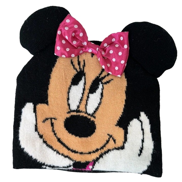Disney Other - Disney Minnie Mouse Girls Winter Hat Beanie Toque Pink Dotted Bow Embroidery